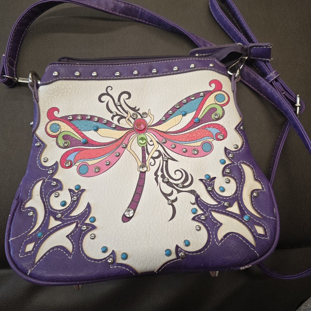 Purple and White Women's Bag with Dragonfly Design